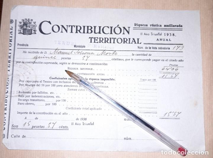 Militaria: Recibo de contribuci&oacute;n territorial 1938 guerra civil Fuentes de Rubielos Teruel