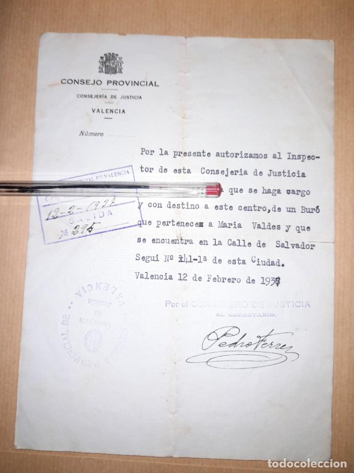 Militaria: Documento Consejo Provincial de Valencia 1937 entrega de un bur&oacute; incautado, guerra civil