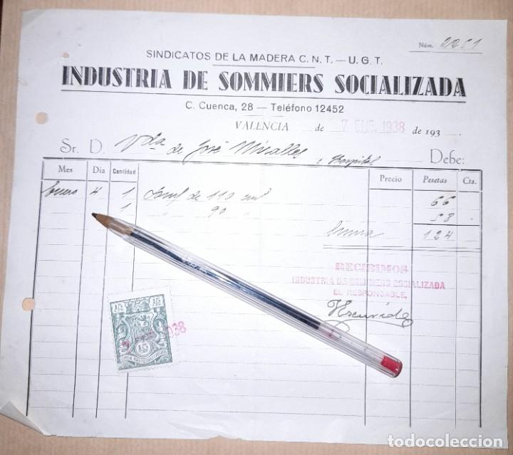 Militaria: Recibo con membrete de la industria de somiers socializada de CNT UGT guerra civil 1938