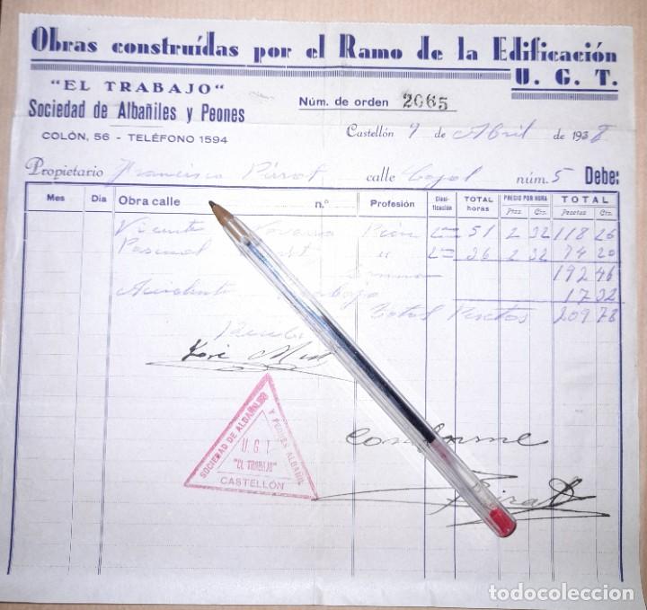 Militaria: Documento con membrete Sociedad de alba&ntilde;iles y peones El Trabajo UGT Castell&oacute;n Guerra civil 1938