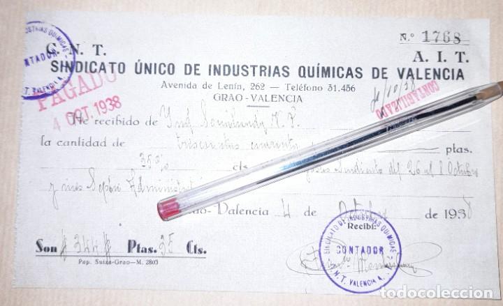 Militaria: Recibo sindicato industrias qu&iacute;micas CNT Grao de Valencia guerra civil 1938