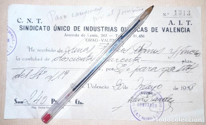 Militaria: Recibo sindicato industrias qu&iacute;micas CNT Grao de Valencia guerra civil 1938