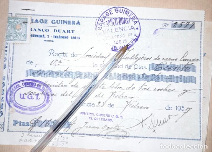 Militaria: Recibo de cuotas de alquiler de plazas del garaje Guimer&aacute; de Valencia, guerra civil 1937