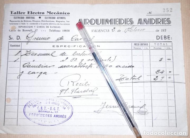 Militaria: Recibo taller de electricidad del autom&oacute;vil Arqu&iacute;medes Andr&eacute;s intervenido CNT UGT guerra civil