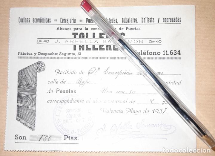 Militaria: Recibo pago talleres cerrajer&iacute;a Arfella Sanram&oacute;n guerra civil control obrero UGT CNT 1937 Valencia