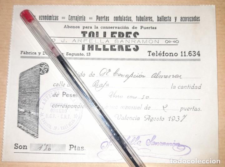 Militaria: Recibo pago talleres cerrajer&iacute;a Arfella Sanram&oacute;n guerra civil control obrero UGT CNT 1937 Valencia