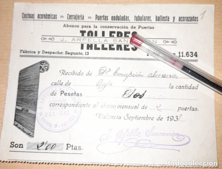 Militaria: Recibo pago talleres cerrajer&iacute;a Arfella Sanram&oacute;n guerra civil control obrero UGT CNT 1937 Valencia