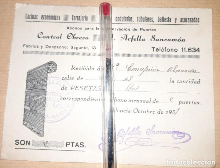 Militaria: Recibo pago talleres cerrajer&iacute;a Arfella Sanram&oacute;n guerra civil control obrero UGT CNT 1937 Valencia