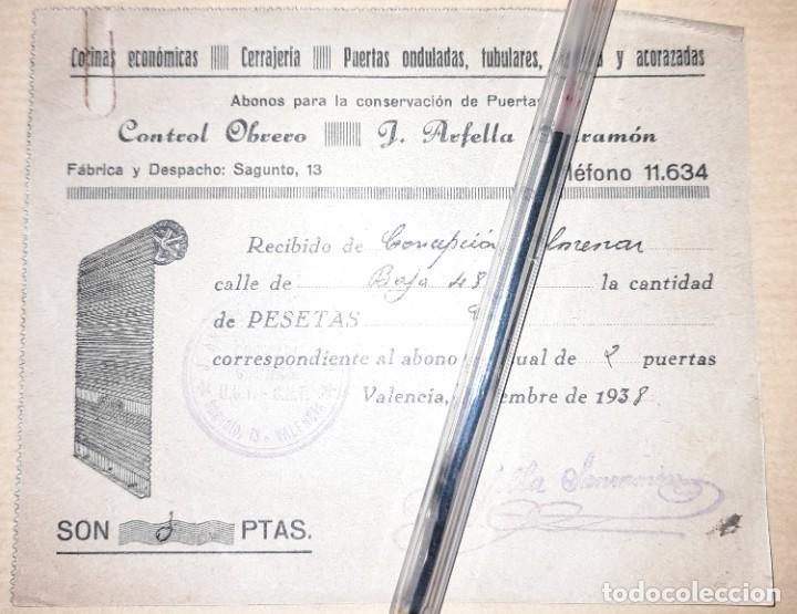 Militaria: Recibo pago talleres cerrajer&iacute;a Arfella Sanram&oacute;n guerra civil control obrero UGT CNT 1937 Valencia