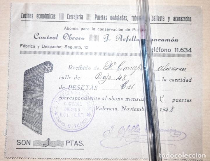 Militaria: Recibo pago talleres cerrajer&iacute;a Arfella Sanram&oacute;n guerra civil control obrero UGT CNT 1938 Valencia