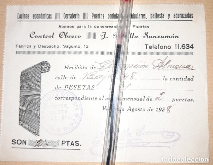 Militaria: Recibo pago talleres cerrajer&iacute;a Arfella Sanram&oacute;n guerra civil control obrero UGT CNT 1937 Valencia