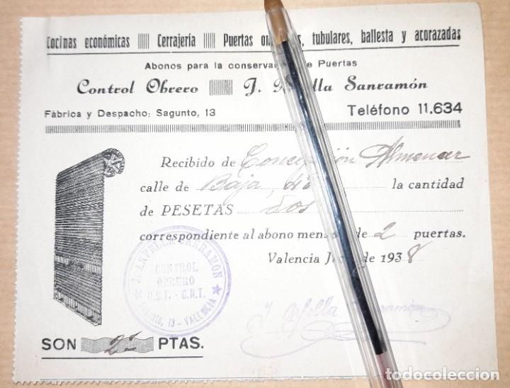 Militaria: Recibo pago talleres cerrajer&iacute;a Arfella Sanram&oacute;n guerra civil control obrero UGT CNT 1938 Valencia