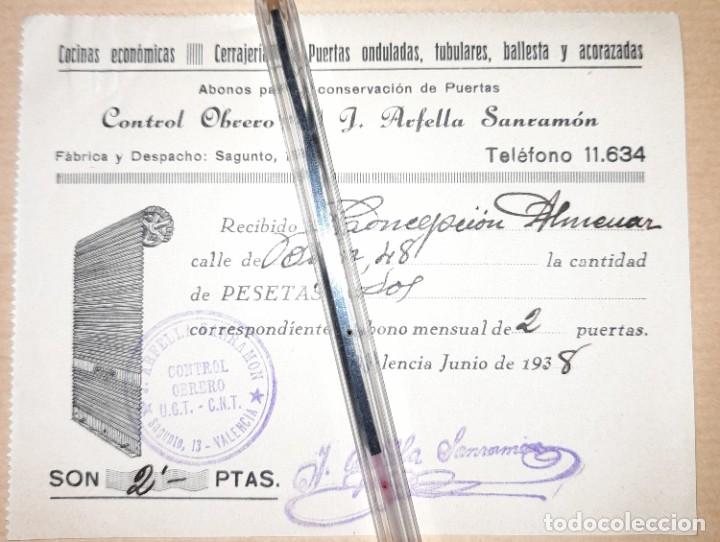 Militaria: Recibo pago talleres cerrajer&iacute;a Arfella Sanram&oacute;n guerra civil control obrero UGT CNT 1938 Valencia
