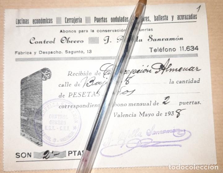 Militaria: Recibo pago talleres cerrajer&iacute;a Arfella Sanram&oacute;n guerra civil control obrero UGT CNT 1937 Valencia
