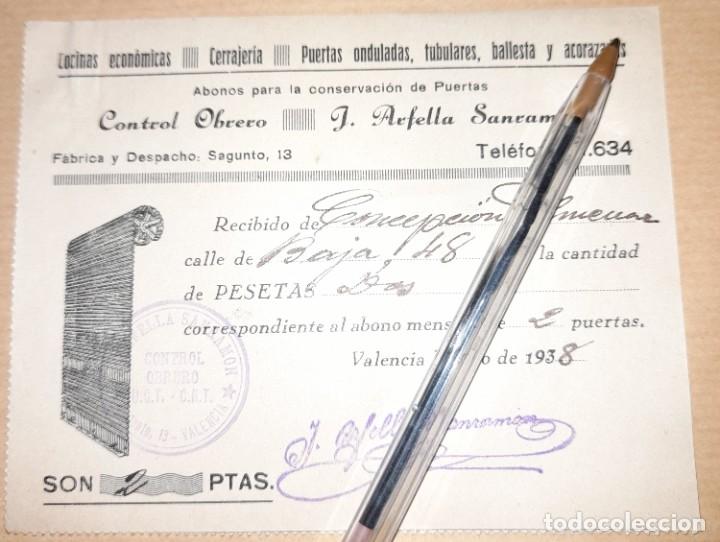 Militaria: Recibo pago talleres cerrajer&iacute;a Arfella Sanram&oacute;n guerra civil control obrero UGT CNT 1938 Valencia