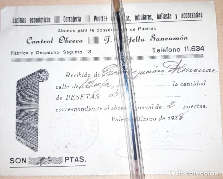 Militaria: Recibo pago talleres cerrajer&iacute;a Arfella Sanram&oacute;n guerra civil control obrero UGT CNT 1937 Valencia