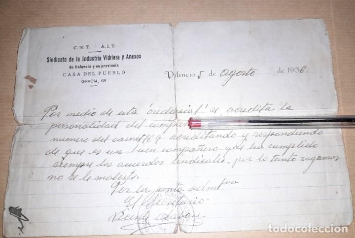 Militaria: Aval del sindicato de industria vidriera y anexos CNT guerra civil por un afiliado agosto 1936