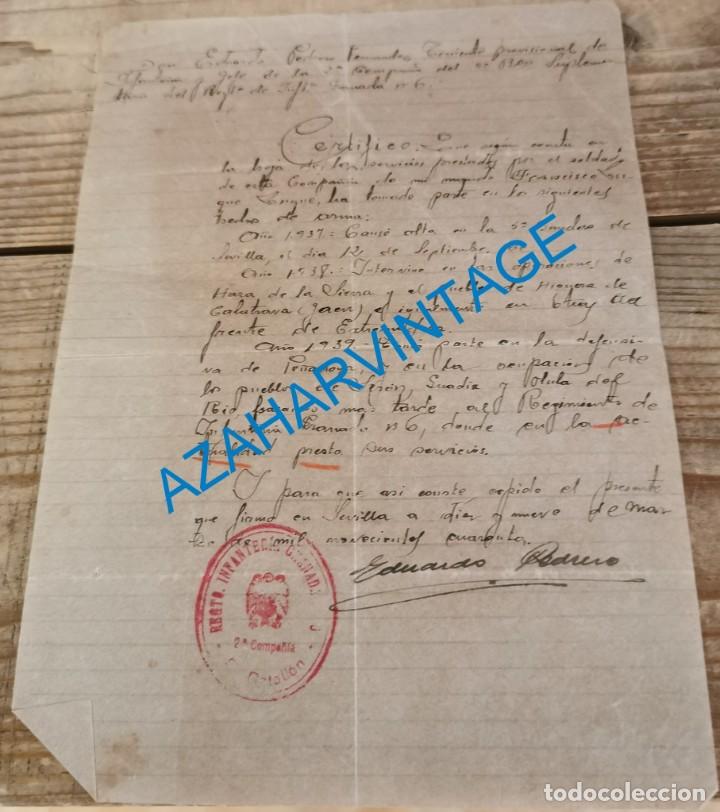 Militaria: SEVILLA,1940, CERTIFICADO DE ACTUACIONES DE UN SOLDADO DURANTE LA GUERRA CIVIL, CORDOBA, EXTREMADURA