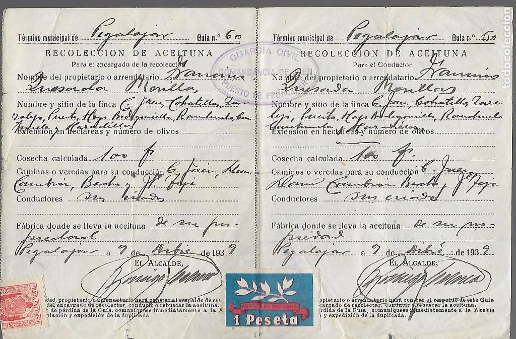 Military Antiques: PEGALAJAR,-JAEN-, GUIA DE TRANSPORTE, DICIEMBRE DE 1939,- VER FOTO