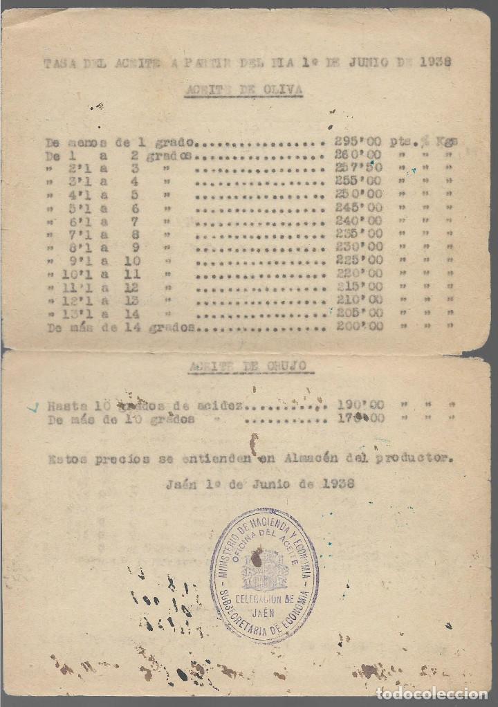 Military Antiques: JAEN.- TASAS DEL ACEITE, SUBSECRETARIA DE ECONOMIA,- REPUBLICANO.- A&Ntilde;O 1938,VER FOTO