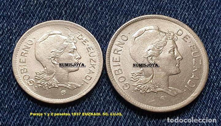 Military Antiques: 1 y 2 Pesetas de Euzkadi Guerra Civil Espa&ntilde;ola 1937. PAREJA de MONEDAS LUJO SIN CIRCULAR.