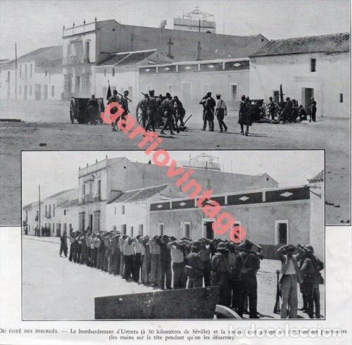 Military Antiques: GUERRA CIVIL, UTRERA, BOMBARDEOS Y COMUNISTAS DETENIDOS,210X205 MM, RETAL DE PUBLICACION