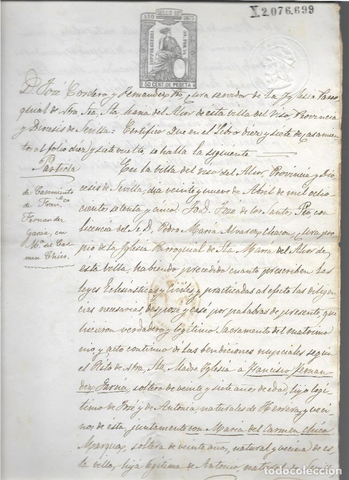 Military Antiques: VISO DEL ALCOR-SEVILLA- CERTIFICADO DE CASAMIENTO, A&Ntilde;O 1875, VER FOTOS