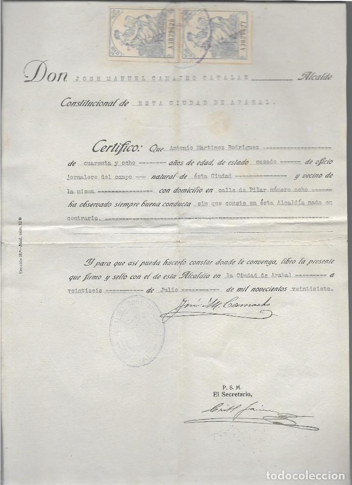 Military Antiques: ARAHAL-SEVILLA- CERTIFICADO DE CONDUCTA-FIRMADO POR EL ALCALDE, ORIGINAL- VER FOTO
