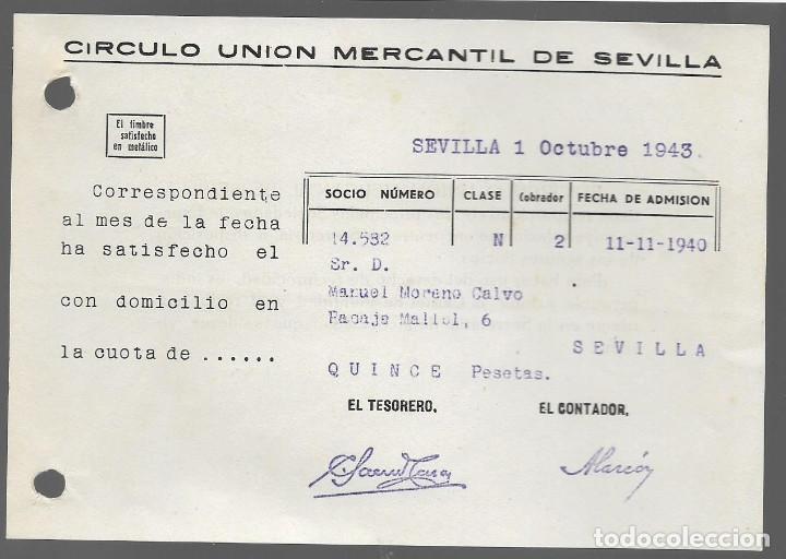 Military Antiques: SEVILLA, RECIBO CUOTA.- CIRCULO UNION MERCANTIL DE SEVILLA, VER FOTO