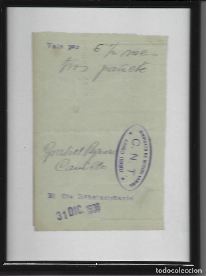 Military Antiques: C.N.T. a&ntilde;o 1936, de Ari&ntilde;o, Teruel. U/n vale para canjear por pa&ntilde;o con fecha y sello de la CNT