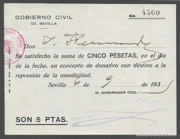 Military Antiques: SEVILLA.- DONATIVO, 5 PTAS-DESTINO REPRESION DE LA MENDICIDAD,- VER FOTO