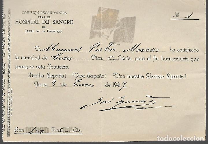 Militaria: JEREZ FROT. CADIZ- HOSPITAL DE SANGRE- RECIBO Y RECORTE PRENSA CON LOS NOMBRE Y APORTACION,- VER FO