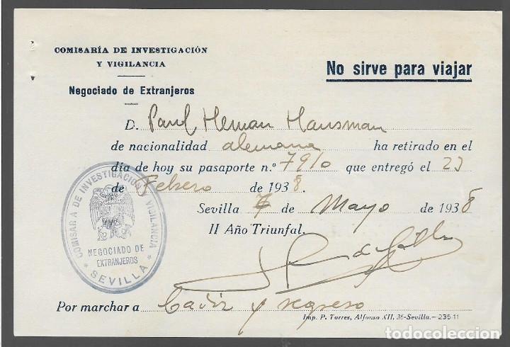 Military Antiques: SEVILLA, NEGOCIADO DE EXTRANGEROS.-RETIRADO PASAPORTE, A&Ntilde;O 1938, VER FOTO