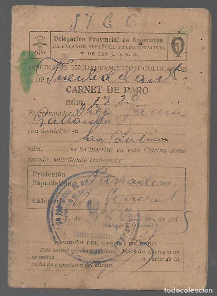 Militaria: FUENTES DE ANDALUCIA.- CARNET DE PARO.- F.E. J.O.N.S. VER FOTO