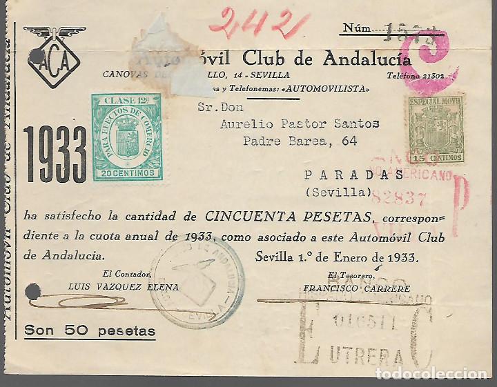Militaria: AUTOMOVIL CLUB, CUOTA DE SOCIO,SELLO MOVIL, ENERO 1933, VER FOTO