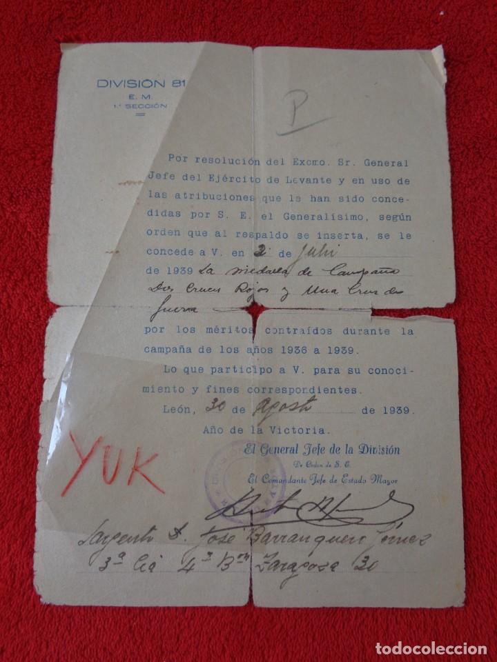 Militaria: HOJA DE CONCESION DE LA MEDALLA DE CAMPA&Ntilde;A DOS CRUCES ROJAS Y CRUZ DE GUERRA CIVIL 1939