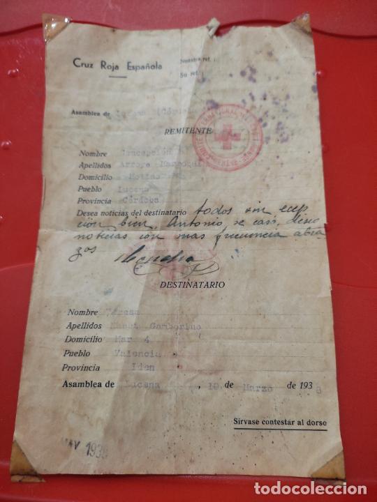 Militaria: GUERRA CIVIL 1938 COMUNICACION A TRAVES DE CRUZ ROJA LUCENA VALENCIA ORIGINAL TAMA&Ntilde;O CVARTILLA
