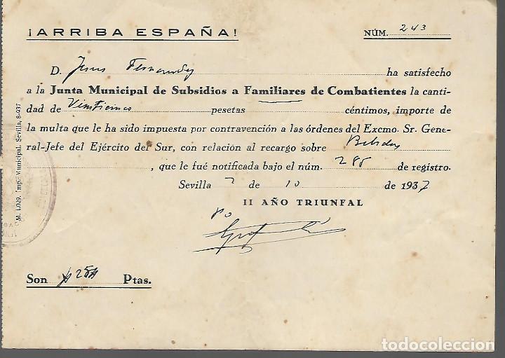 Militaria: SEVILLA,- SUBSIDIO A FAMILIARES COMBATIENRES.- MULTA 25 PTAS,- CARGO SOBRE BEBIDAS, A&Ntilde;O 1937, VER FO