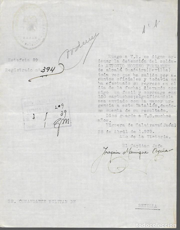 Militaria: HIGUERA DE CALATRABA-JAEN- ORDEN DETENCION ANTONIO ... DE ALCALA DE GUADAIRA.- ABRIL 1939, VER FOTO