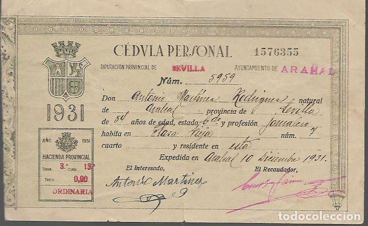 Militaria: ARAHAL-SEVILLA- CEDULA PERSONAL.- A&Ntilde;O 1931.- VER FOTO