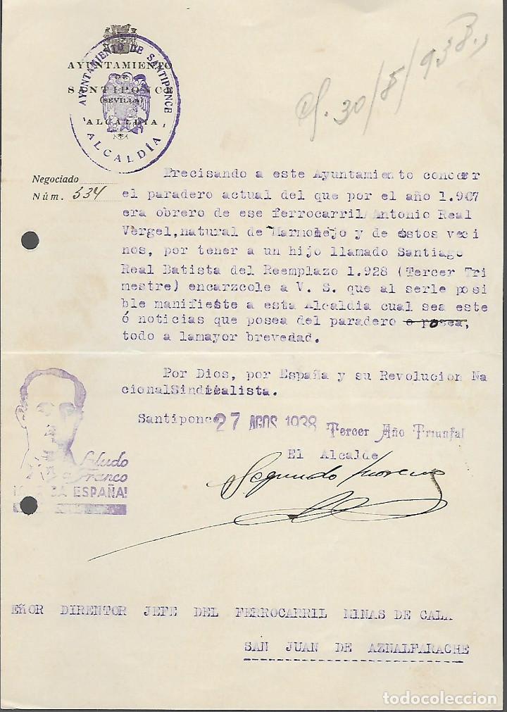 Militaria: SANTIPONCE-SEVILLA- CONOCER PARADERO DE....- AGOSTO 1938,- LEER TEXTO, VER FOTO