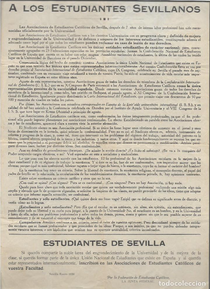 Militaria: FEDERACION DE ESTUDIANTES CATOLICOS.- ALOS ESTUDIANTES SEVILLANOS,- ENERO 1930, VER FOTO