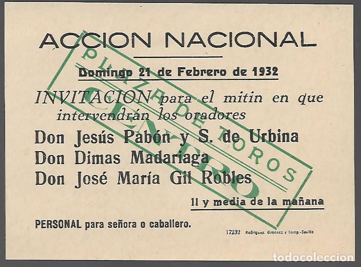 Militaria: SEVILLA,- INVITACION ACTO DE ACCION NACIONAL.- FEBRERO 1932, VER FOTO