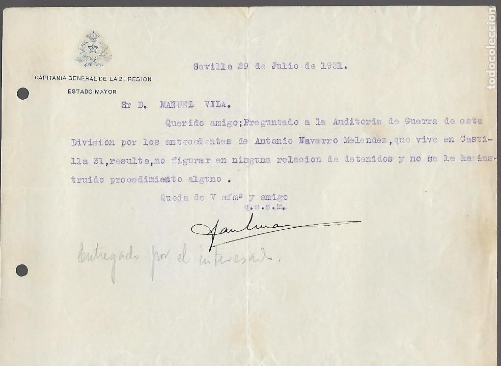 Militaria: SEVILLA- CAPITANIA GENERAL 2&ordf; REGION,- SOLICITUD ANTECEDENTES ,1931.. VER FOTO