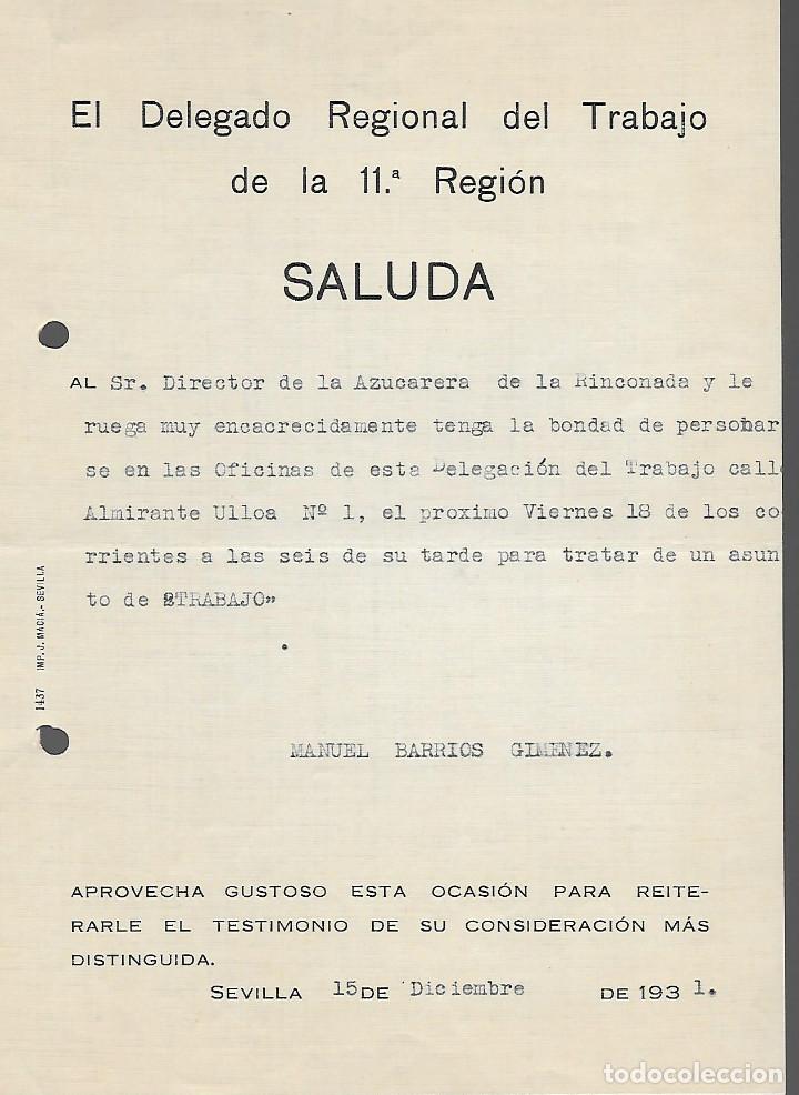 Militaria: SEVILLA. DELEGADO REG. D TRABAJO 11 REGION. CITA AL DIRECTOR AZUCARERA IBERICA,- VER FOTO