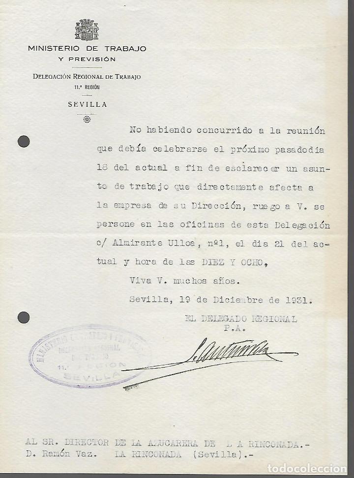 Militaria: SEVILLA. MINISTERIO DE TRABAJO... CITA AL DIRECTOR AZUCARERA IBERICA,- VER FOTO