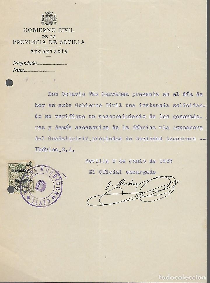 Militaria: SEVILLA,- GOBIERNO CIVIL SOLICITANDO VERIFICACION GENERADORES, AZUCARERA IBERICA.- VER FOTO