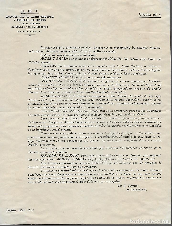 Militaria: SEVILLA,- U.G.T. SECCION VIAJANTES,AGENTES COMERCIALES Y .... A&Ntilde;O 1933, LEER TEXTO Y VER FOTO