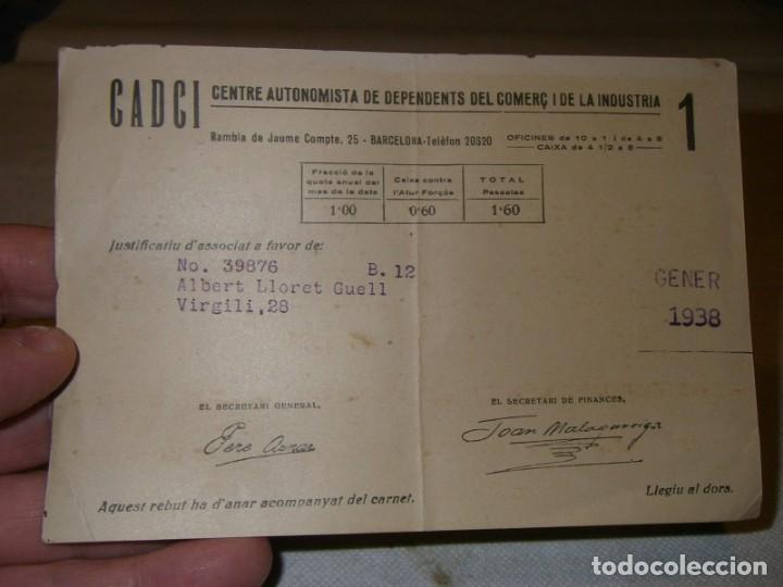 Militaria: Recibo de la cuota del Centre Autonomista de Dependents del Comerc y de la Industria, Gener 1938.