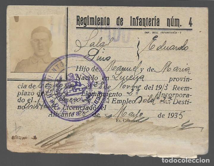 Militaria: ALICANTE,- CARNET MILITAR,-A&Ntilde;O 1935,--REG. INFANTERIA N&ordm; 4, VER FOTO